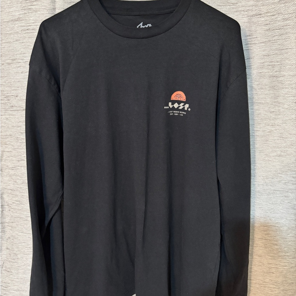 Y2K VNTG Lost Enterprises Black Long Sleeve Tshirt with arm tribal detail.